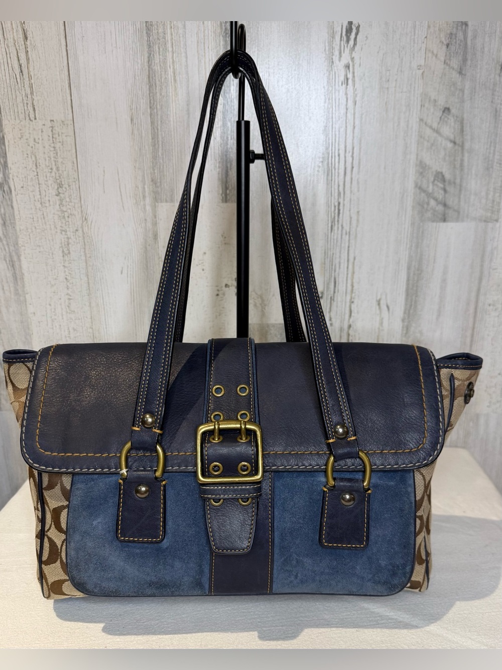 Coach Vintage Special Edition Signature Flap Bag Tan With Navy Leather & Suede